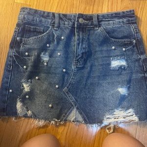 Distressed pearled sequins denim jean mini skirt